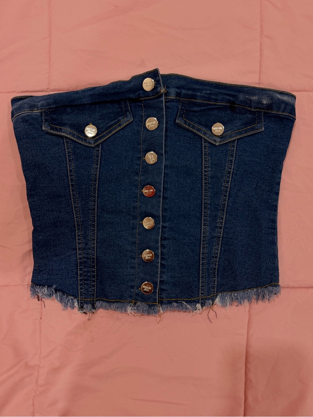Dark Blue Denim Strapless Corset Top with Frayed Hem